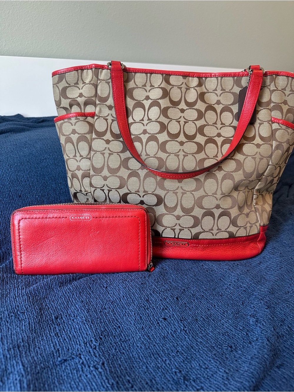 Vintage Coach Brown Signature Canvas Tote with Red Leather and matching wallet